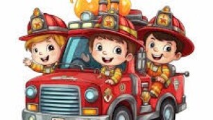 rysunek samochodu strażackiego i strażakó nim jadących