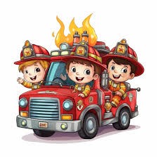 rysunek samochodu strażackiego i strażakó nim jadących