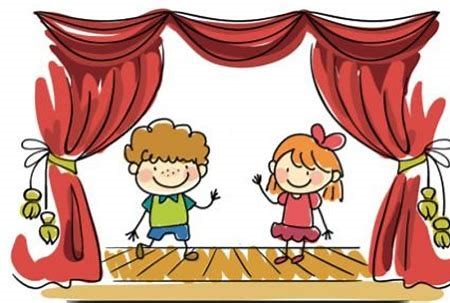 rysunek dzieci występujących na scenie przy odłoniętej kurtynie